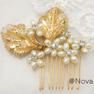 ❤Nova New arrival gold crystal handmade hair bride pearl headdress Hair comb