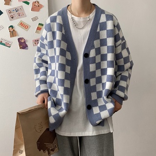 Blue Checkerboard V-Neck Cardigan Sweater Jacket Autumn Winter Hong Kong Style chic Trendy Knitwear Men