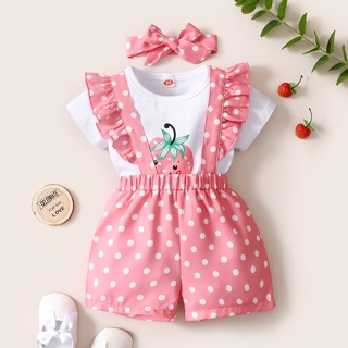 Newborn Baby Girl Clothes Toddler Baby Girls Cute Outfit Set Strawberry Cartoon Short Sleeve T-shirt + Polka Dot Overalls + Headband (2)