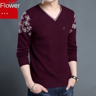 ☇❉❧Playboy Men s V-neck Autumn New Middle-aged and Young Men s Knitwear Striped Sweater Men s Korean T shirt Sweater