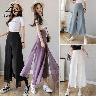 SUHA Women Ice Silks Chiffon Wide-Legged Pants Summer Casual Loose Fake Two Piece Skirt Fashion Beach square with slit candy shorts plus size jogger for womens boho