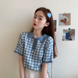 Korean Retro Polo Crop Top For Women Loose Plaid Shirt Short Sleeve Top