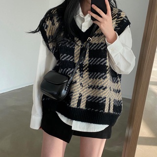 Plaid Sweater Vest Female Korean Loose Retro V-Neck Knitted Vest