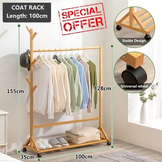 Manzan High-Grade 100cm Wooden Coat Rack Stand Clothes Rack Clothes Storage Organizer with Wheels