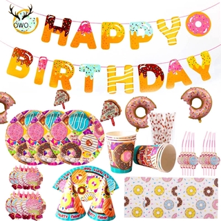1set Donut Theme Party Disposable Tableware Paper Plate Cup Napkin Happy Birthday Party Decoration Set Party Supplies