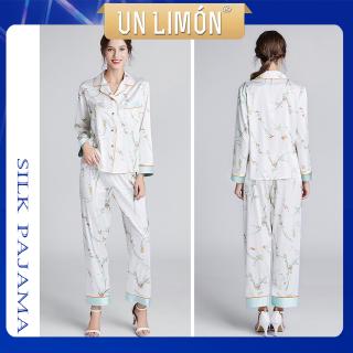 UNLIMON Women 2Pcs Pajama Sets Korean Style Silk Printed Long Sleeve Casual Homewear