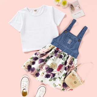 Kid Toddler Baby Girl Clothes Set Short Sleeve White Top + Floral Print Suspender Skirt 2PCS Fashion Suit