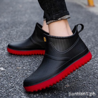 <Rain boots> Fashion non-slip short tube rain boots men s water shoes plus velvet flat kitchen work