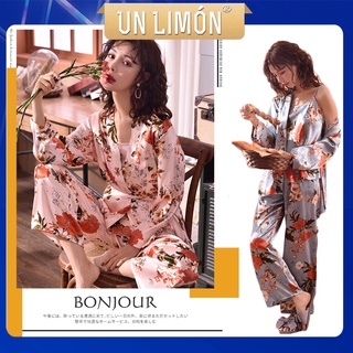 【BEST SELLER】 UNLIMON Women 3pcs Long Sleeve Silk Sleepwear Robe Sets