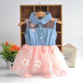 LOK01209 Baby Girl Dress Sleeveless Denim Floral Lace Mesh Princess Tutu Dresses 2-7Y