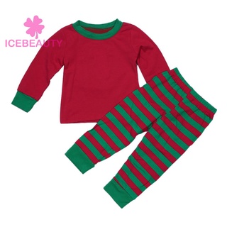 [Ice]2pcs Unisex Children Kids Long Sleeve T-Shirt+Christmas Striped Long Pants-149809