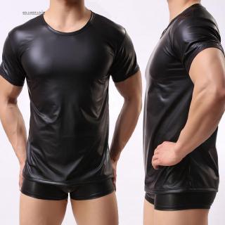 Undershirt Tops Club Wear Black M-2XL Round Neck Party Costume Shiny PU leather Wet Look T-Shirt