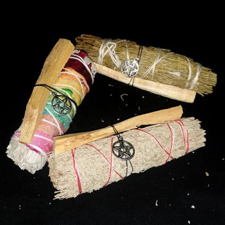 SPACE CLEARING BUNDLE - PALO SANTO AND 7 chakra California WHITE SAGE travel kit with pentacle charm
