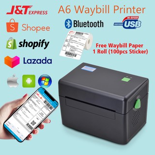 Ready Stock A6 Thermal Printer Shopee Air Waybill Barcode Product Label Bluetooth Android Shipping Label Consignment [Free 1 roll A6 label paper]