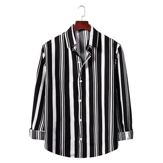 Men&#39;s Striped Casual Shirts Streetwear Slim Fit Black White Long Sleeve Shirt Tops Men Autumn