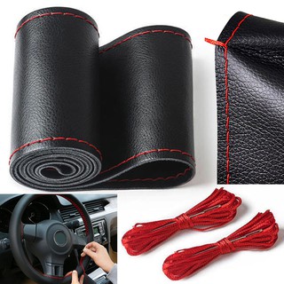 38CM DIY Hand Sewing Microfiber Leather Steering Wheel Cover BLACK&RED