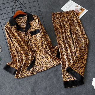 Leopard Sleepwear Women Pajamas Sets Adult Spring Summer Silk Print Sleepwear Nightclothes Long Sleeve Pant Sets Loungewear