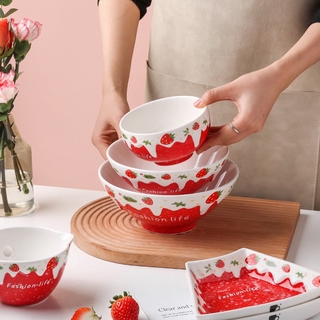 【Spot】Strawberry bowl household ceramic rice bowl cute girl heart big bowl soup bowl noodle bowl instant noodle bowl tableware with lid