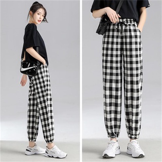 Plaid pants Black and white plaid pants women s summer loose-fitting straight high-waist casual pants drawstring trousers women s spring and autumn thin