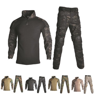 Camouflage Uniform Shirt Pants With Knee Elbow Pads Outdoor Hiking Woodland Desert Suit Camouflage Hunting Training Clothes