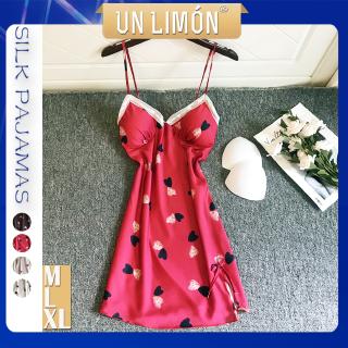 UNLIMON Korean Cute Women Pajamas Ice Silk Heart Printed Nightgown