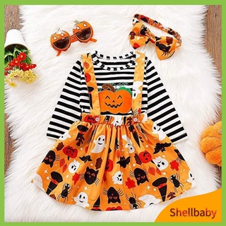 Baby girl clothes Girl's striped long-sleeved T-shirt Halloween Pumpkin cat printed suspender skirt cosplay dress kids costume