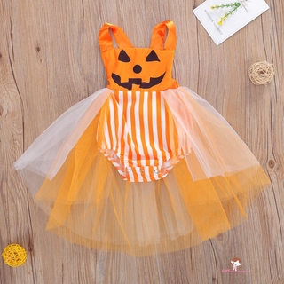 ❤XZQ-0-24 Months Newborn Halloween Sleeveless Romper Dress, Mesh Stitching Vertical Stripes Printing Cartoon Pattern Festive Clothing