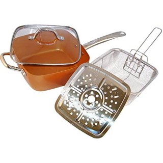 COPPER PAN, Copper Square Frying Pan Induction Chef Glass Lid Fry Basket Steam Rack! (2)