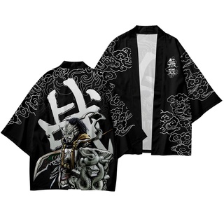 2022 New Black Warrior Loose Oversized Women Men Summer Harajuku Kimono Cosplay Samurai Haori Obi