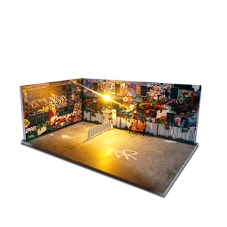 1:64 Led Diorama Parking Graffiti Wall Model Car Display w/Railing & Park Bench/Acrylic Case