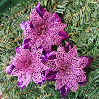 family☬☃RGBH (12Pcs) christmas tree decor Flower red/gold/silver/blue/green/purple color