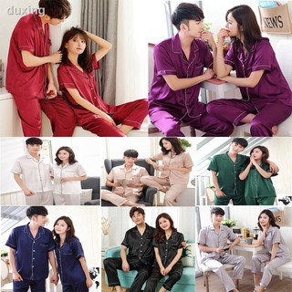 ┋﹊【Sunrise】Couple plus size M-5XL silk satin pajama set short sleeve sleepwear comfortable women and men pajama set Buja Tidur (1 set)