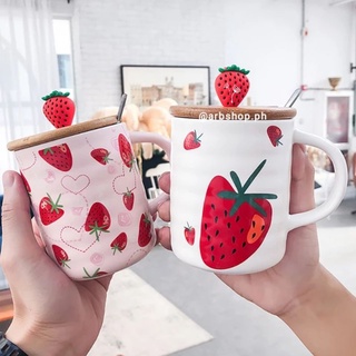 Ceramic Matte Pink Girl Coffee Mug Cute Strawberry Water Cup Hot and Cold with Wooden Lid and Spoon