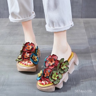 5QIt Wedge Slippers Women's2021New Summer Wear Bohemian Original Flower Shoes Authentic Leather Plat