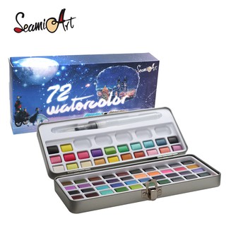 SeamiArt 72 Colors Solid Watercolor Set With Tin-box & Water Brush Pen (1 Pcs) sBiB