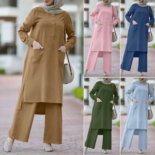 ZANZEA Women Casual Long Sleeve Elastic Waist Front Pockets Muslim Set