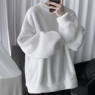 Winter Lambswool Hoodies for Men Solid Color Casual Pullover Unisex Korean Style Hooded Couples Harajuku Warm Coat Plus Size Round Neck Top Men's Loose Sweatshirt Students Youth Sports Sweater