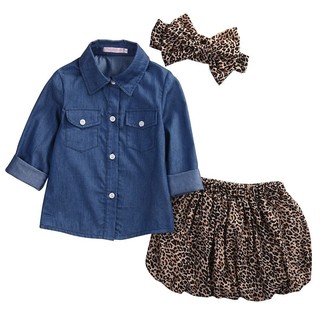 3PC Baby Girls Denim T-Shirt+Leopard Skirt+Headband Set (4)