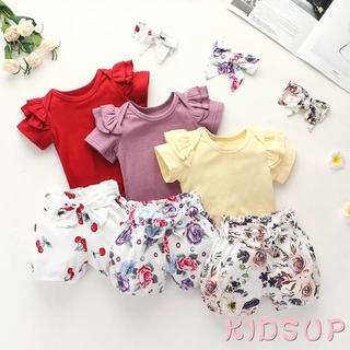 ✿KIDSUP✿Summer Baby Girls Short Sleeve Romper Top+Floral Shorts+Bow Headband Outfits