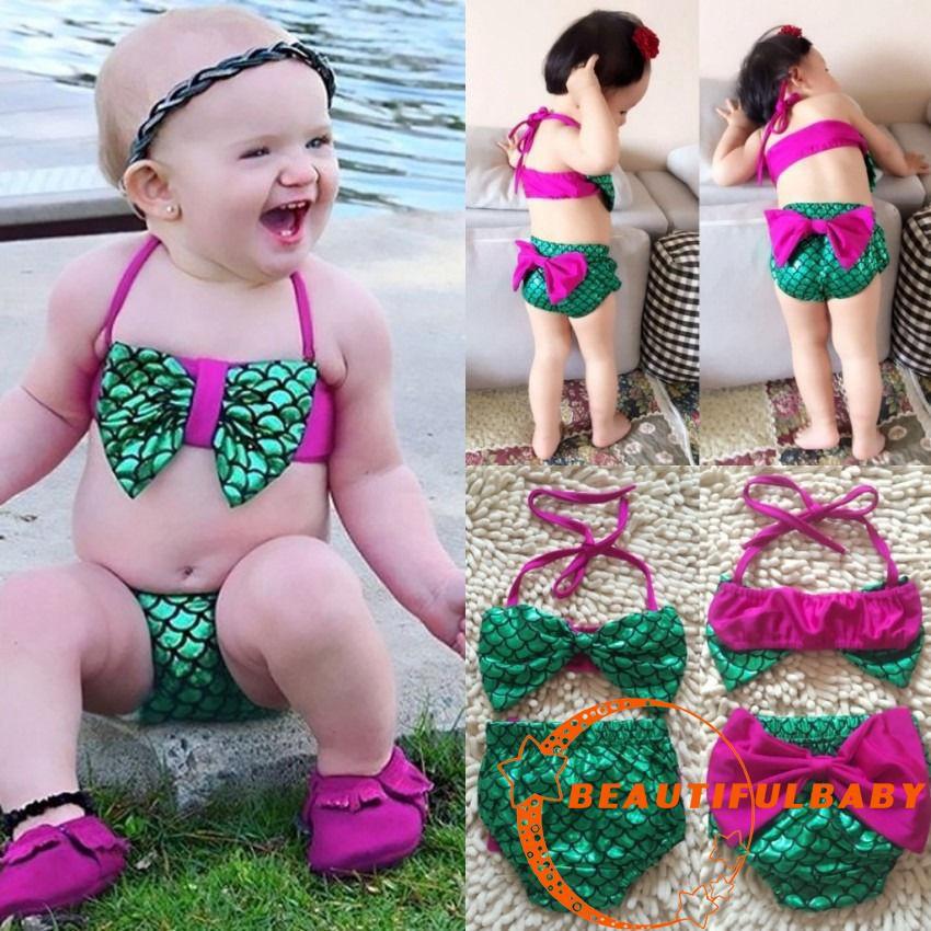 PFI-Toddler Baby Girls Mermaid Bowknot Swimsuit Swimwear (1)