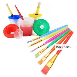 4pc spill-proof paint bucket / brush holder water cup / 6pc nylon watercolor paint brushes