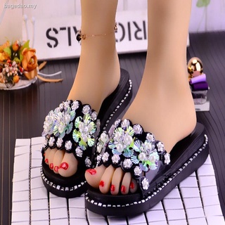 ̅Slippers women s summer sponge cake thick-soled slope heel sandals and slippers home soft-soled high-heel slippers women non-slip beach shoes