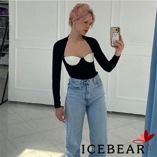 ICE-Women´s long-sleeved sexy low-cut square collar slim color matching spring clothes