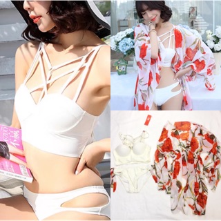 White Three piece swimsuit with cover up pushup bra imported (1)