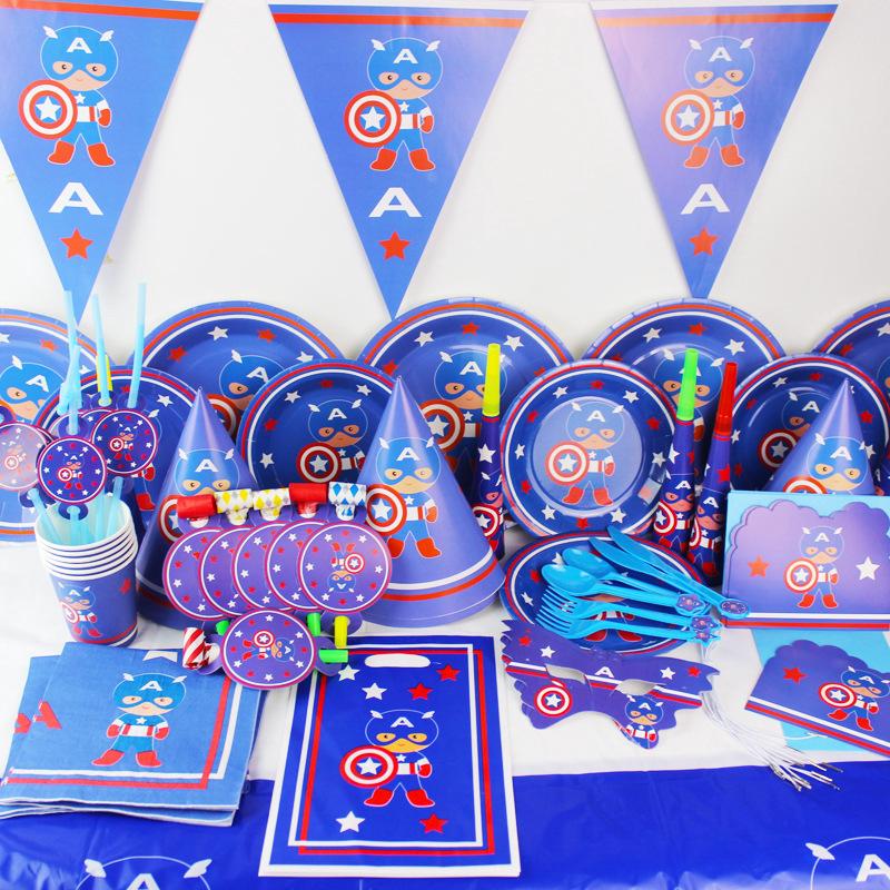 Captain America Theme Disposable Set Banner Paper Cup Plates Napkin Birthday Party Decoration