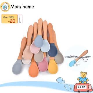 Baby Feeding Utensil Baby Silicone Spoon Beech Wooden Handle Soft Spoon
