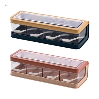 LRVI 4 Compartment Seasoning Box with Spoons and Cover Storage Container Cruet Spice Jars Can Pot for Salt Sugar Kitchen Tool