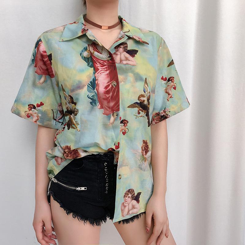 Fashion Women Loose Angel Print Tops Polo Neck Short Sleeve Street Causal Shirt (3)