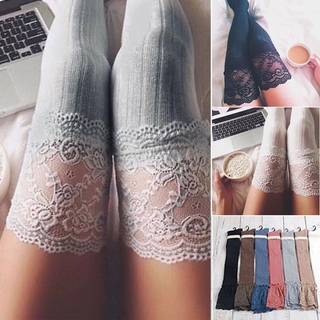 New Women Winter Cable Knit Over Knee Long Boot Thigh-High Warm Stockings Lace Leggings