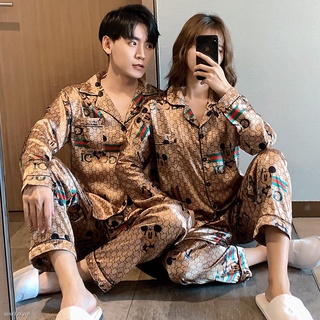 ↂM-5XL Plus Size Couple Pajamas Golden Mickey Silk Cardigan Sleepwear Satin Ilang pajama terno